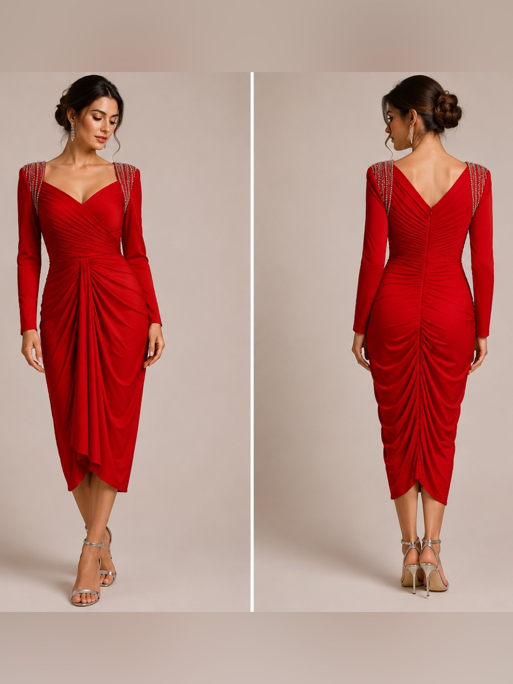 Mignon Red Rhinestone Shoulder Ruched Long Sleeve Midi Dress Size 14
